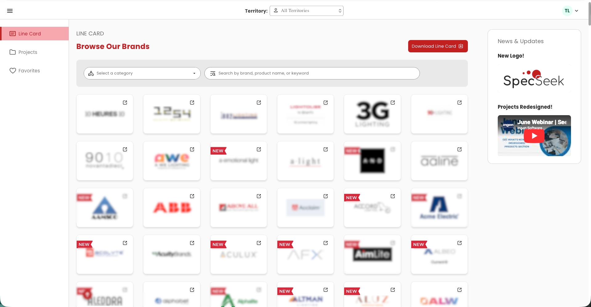 SpecSeek line card showing searchable lighting brands